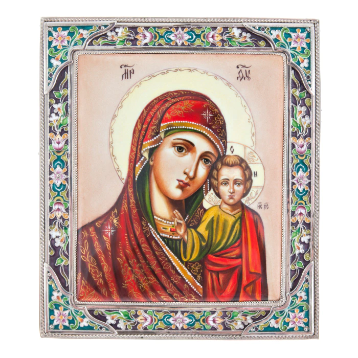 Gift set with balls and the icon "Our Lady of Kazan in red" made of silver, 6 balls